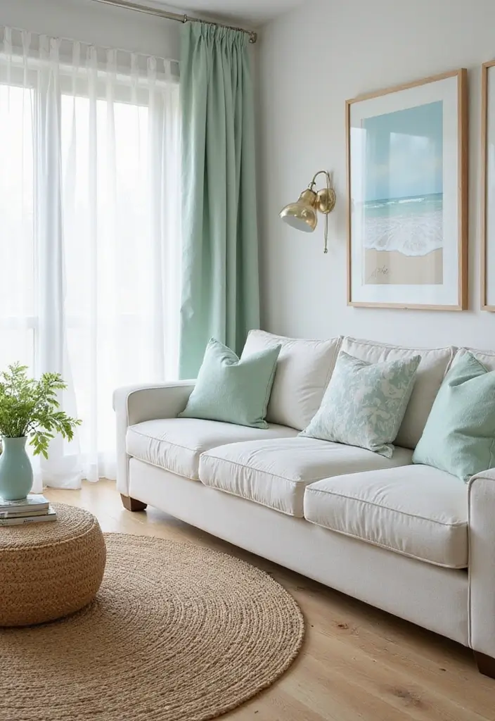 15 Coastal Living Room Inspirations That'll Make You Want to Dive Right In! - 1. Crisp White and Seafoam Green