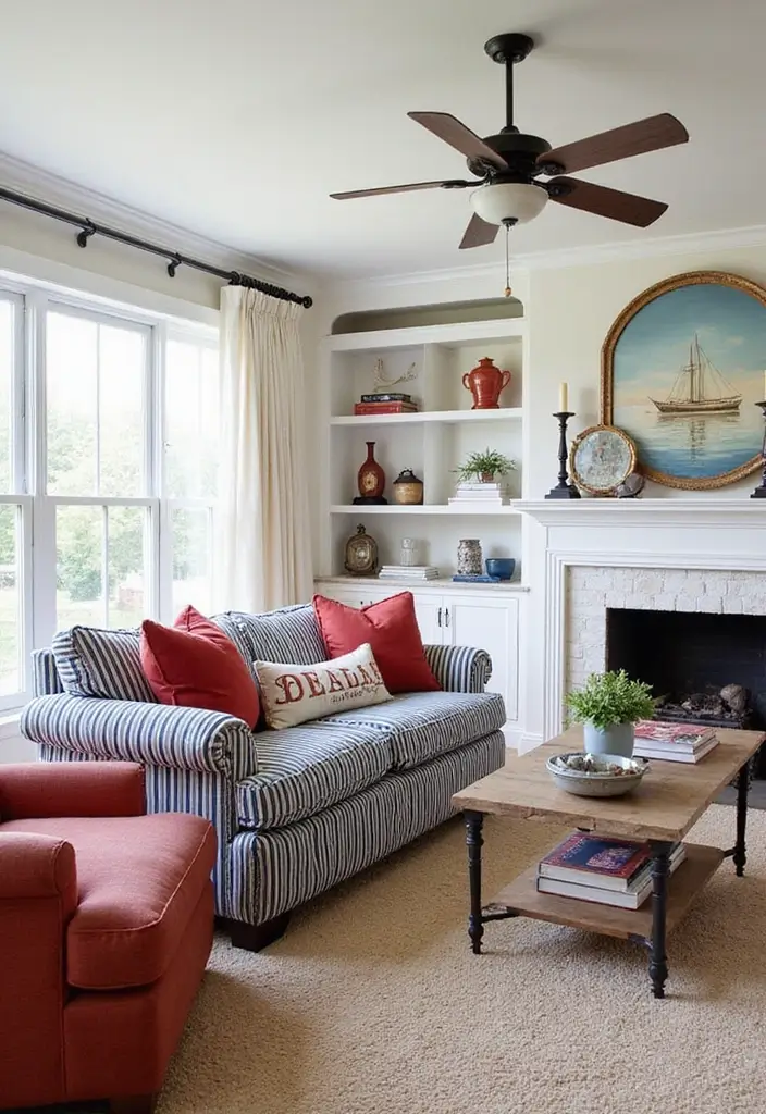 15 Coastal Living Room Inspirations That'll Make You Want to Dive Right In! - 2. Nautical Stripes