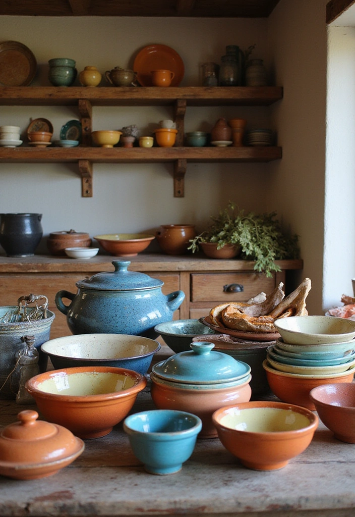21 Stunning Farmhouse Kitchen Decor Ideas That Will Make You Fall in Love with Cooking Again! - 14. Colorful Pottery